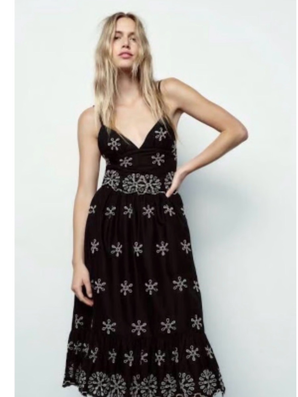 Zara Black Embroidered V-Neck Midi Dress
